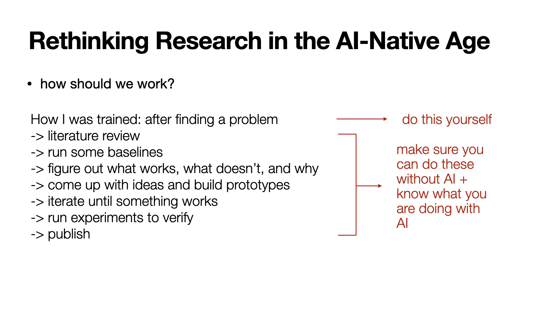 Slide: how should we work? How I was trained, after finding a problem: literature review, run some baselines, figure out what works, what doesn't, and why, come up with ideas and build prototypes, iterate until something works, run experiments to verify, publish. Finding the problem is marked 'do this yourself'; every step after it is marked 'make sure you can do these without AI + know what you are doing with AI'.